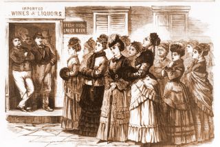 Image: Library of Congress ## This drawing, from an 1874 issue of Frank Leslie’s Weekly, shows the Ohio women who were the Portland temperance workers’ primary inspiration, singing and praying before a saloon. This scene, drawn by S.B. Morton, is set in Logan, Ohio.