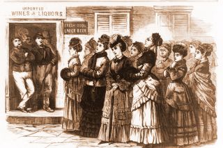 Image: Library of Congress ## This illustration, from Frank Leslie’s publication, shows the Ohio ladies who were the Portland temperance workers’ primary inspiration, singing and praying before a saloon in early 1874. This scene, sketched by S.B. Morton, is in Logan, Ohio.