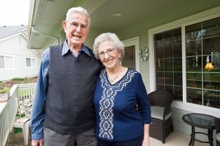 Marcus Larson/News-Register##Bruce and Esther Huffman on the patio of their “magnificent mini mansion on the meadow.” They love living in McMinnville, where they met and fell in love. Marcus Larson/News-Register##Bruce and Esther Huffman on the patio of their “magnificent mini mansion on the meadow.” They love living in McMinnville, where they met and fell in love.