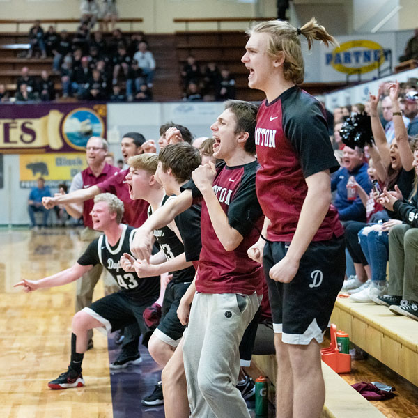 Marcus Larson/News-Register##
The Dayton boys basketball team erupts with emotion following a play against Westside Christian in the 3A third/fifth place contest.