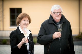 Submitted photo##Grace and Ken Evenstad sip wine from their winery, Domaine Serene, as they announce their gift to Linfield College s wine studies program.