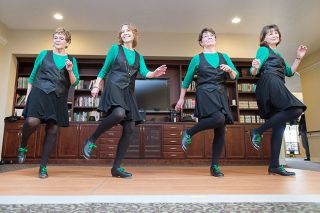 Marcus Larson/News-Register##The Walnut City Cloggers — Jan Jones, Marcy McDowell, Kathy Taylor and Lori Kotaich — dance to “Five Foot Two” at Parkland Village Retirement Community. Marcus Larson/News-Register##The Walnut City Cloggers — Jan Jones, Marcy McDowell, Kathy Taylor and Lori Kotaich — dance to “Five Foot Two” at Parkland Village Retirement Community.