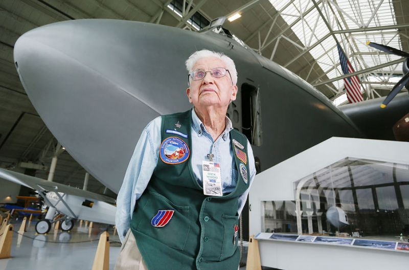 Rockne Roll/News-Register##Evergreen Aviation Museum docent Dick Wood spends Thursdays telling visitors about the Spruce Goose. He’s been volunteering since the Goose arrived in McMinnville in pieces in 1993.