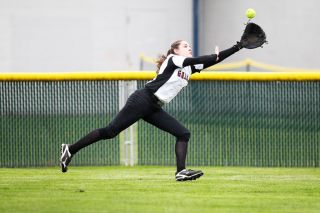 Rockne Roll/News-Register##
McMinnville center fielder Sydni Dix stretches out to run down a fly ball in the Grizzlies’ game against South Salem on Tuesday, April 11, at Baker Field. Rockne Roll/News-Register##
McMinnville center fielder Sydni Dix stretches out to run down a fly ball in the Grizzlies’ game against South Salem on Tuesday, April 11, at Baker Field.