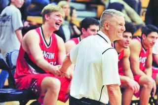 Susan Ragan for the News-Register##
McMinnville duo Aaron Baune of the Grizzlies and retired Linfield head coach Larry Doty who coached the Oregon team at the NWShootout, share a moment towards the end of Oregon’s 105-97 win over Washington. Susan Ragan for the News-Register##
McMinnville duo Aaron Baune of the Grizzlies and retired Linfield head coach Larry Doty who coached the Oregon team at the NWShootout, share a moment towards the end of Oregon’s 105-97 win over Washington.