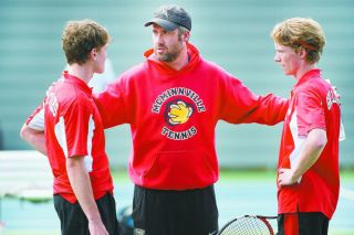 Marcus Larson/News-Register##
Mac head tennis coach Wes Gabrielsen (center) goes over strategy with doubles team Reece Parr (left) and Nick Howard. They finished third overall, qualifying for the state tournament. Marcus Larson/News-Register##
Mac head tennis coach Wes Gabrielsen (center) goes over strategy with doubles team Reece Parr (left) and Nick Howard. They finished third overall, qualifying for the state tournament.