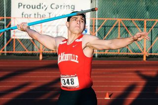 Rusty Rae/News-Register##
Evan Smith gets ready to unleash a javelin throw in the GVC district meet last week. He set a personal best in the event and hopes to surpass it this weekend. Rusty Rae/News-Register##
Evan Smith gets ready to unleash a javelin throw in the GVC district meet last week. He set a personal best in the event and hopes to surpass it this weekend.