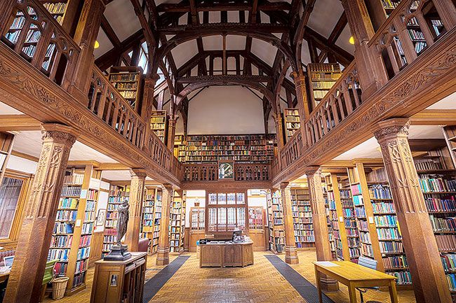 Can Stock photo##Gladstone s Library in Wales offers lodging for visiting book lovers. It was founded in 1894 by four-time British Prime Minister William Ewart Gladstone, who was eager to share his personal library. The library houses 250,000 printed items, including a renowned collection of theological, historical, cultural and political materials.
