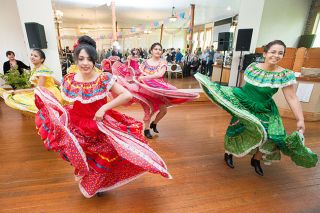 Marcus Larson/News-Register##From left, Ana Domiaguez, Laura Landeros, Litzy Mendoza, and Jennifer Gonzales perform a traditional folk dance during last weekend’s Fiesta en la Plaza. Marcus Larson/News-Register##From left, Ana Domiaguez, Laura Landeros, Litzy Mendoza, and Jennifer Gonzales perform a traditional folk dance during last weekend’s Fiesta en la Plaza.