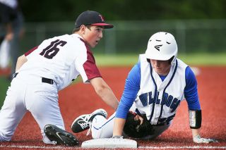 Rockne Roll/News-Register##
Dayton first baseman Josiah Primbs reaches over for a tag on a pick-off play in the Pirates’ OSAA State Championship first round game against Nyssa Wednesday. Rockne Roll/News-Register##
Dayton first baseman Josiah Primbs reaches over for a tag on a pick-off play in the Pirates’ OSAA State Championship first round game against Nyssa Wednesday.