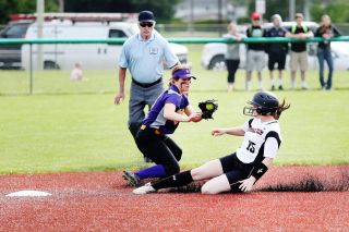 Rockne Roll/News-Register##
Dayton’s Cameron Seely, slides safely into second base in the Pirates’ OSAA State Championship first round game against Burns. Rockne Roll/News-Register##
Dayton’s Cameron Seely, slides safely into second base in the Pirates’ OSAA State Championship first round game against Burns.