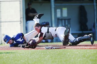 Rockne Roll/News-Register##
Dayton catcher Luke Primbs, right, reaches to make a tag at the plate in the Pirates’ OSAA State Championship quarterfinal game against Glide on Friday, May 26, at Marvin Lorenzen Memorial Field in Dayton. Rockne Roll/News-Register##
Dayton catcher Luke Primbs, right, reaches to make a tag at the plate in the Pirates’ OSAA State Championship quarterfinal game against Glide on Friday, May 26, at Marvin Lorenzen Memorial Field in Dayton.