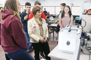 Rockne Roll / News-Register##Dayton High School student Grace Adams, left, explains how the school s 3-D printers work to Suzanne Bonamici during the congresswoman s visit Tuesday. Rockne Roll / News-Register##Dayton High School student Grace Adams, left, explains how the school s 3-D printers work to Suzanne Bonamici during the congresswoman s visit Tuesday.
