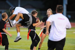 Rusty Rae/News-Register##
McMinnville’s senior coach Cedric Agcaoili-Ostrom jumps for joy after Aubree Milks intercepts a pass to quell a junior team offensive drive and seal the seniors’ win. Looking on is Sydnee Reeser (left), Ally Legard, and coach Corbin Hargis (in white). Rusty Rae/News-Register##
McMinnville’s senior coach Cedric Agcaoili-Ostrom jumps for joy after Aubree Milks intercepts a pass to quell a junior team offensive drive and seal the seniors’ win. Looking on is Sydnee Reeser (left), Ally Legard, and coach Corbin Hargis (in white).