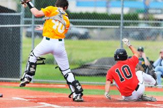 Rusty Rae/News-Register##
Hyder Dental’s Brett Lundeen slides into home in the third inning during Saturday’s doubleheader against West Linn. Rusty Rae/News-Register##
Hyder Dental’s Brett Lundeen slides into home in the third inning during Saturday’s doubleheader against West Linn.