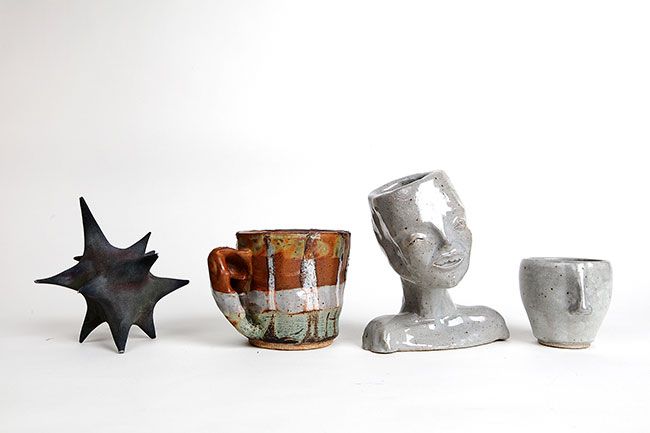 Rockne Roll/News-Register##Some of Clover-Owens’ ceramic work, including the inclined head planter.