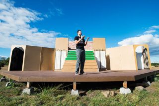 Marcus Larson/News-Register##As Hamlet, Brandon Vilanova of Penguin Productions performs a scene on the troupe’s outdoor stage near Newberg. Penguin is staging a shortened version of Shakespeare’s play. Marcus Larson/News-Register##As Hamlet, Brandon Vilanova of Penguin Productions performs a scene on the troupe’s outdoor stage near Newberg. Penguin is staging a shortened version of Shakespeare’s play.