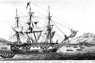 Image: W.H. Vermilye##An engraving from an 1838 edition of Edmund Fanning’s book, Voyages to the South Seas, Indian and Pacific Oceans, China Sea, North-West Coast, purports to show the attack on the Tonquin in a bay on Vancouver Island. Image: W.H. Vermilye##An engraving from an 1838 edition of Edmund Fanning’s book, Voyages to the South Seas, Indian and Pacific Oceans, China Sea, North-West Coast, purports to show the attack on the Tonquin in a bay on Vancouver Island.