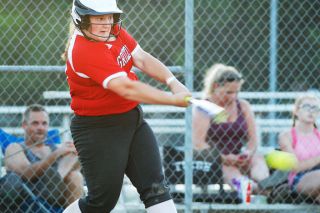Logan Brandon/News-Register##
McMinnville’s Breaha Wright, a regular on the Amity High School team, smacks a single up the middle. Logan Brandon/News-Register##
McMinnville’s Breaha Wright, a regular on the Amity High School team, smacks a single up the middle.