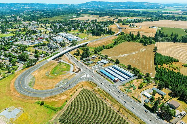 Oregon Department of Transportation photo##Aerial photo taken earlier this year of the large fishhook on the south terminus of Phase 1 of the Newberg-Dundee Bypass.