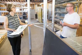 Rockne Roll/News-Register##
Sea Reach principal Susan Jurasz, left, confers with fabricator Ira Trussell at the company s shop in Sheridan. Rockne Roll/News-Register##
Sea Reach principal Susan Jurasz, left, confers with fabricator Ira Trussell at the company s shop in Sheridan.