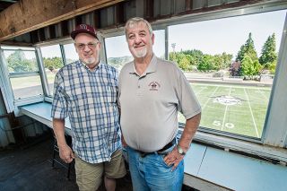 Marcus Larson/News-Register##
Wayne Herring and Jim Connelly, pictured in the Dayton football field’s press box, have announced games for the Pirates for over 30 years. Marcus Larson/News-Register##
Wayne Herring and Jim Connelly, pictured in the Dayton football field’s press box, have announced games for the Pirates for over 30 years.