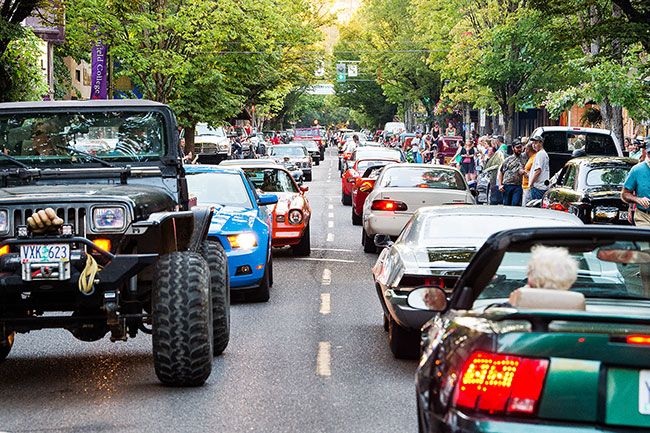 News-Register file photo##Cars line Third Street during an earlier Drag the Gut Festival.