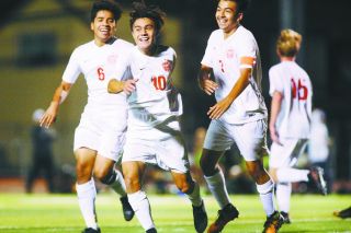 Rockne Roll/News-Register##
McMinnville’s Jivan Sanchez, 10, celebrates his first of two goals in the Grizzlies’ non-league match against West Linn Thursday at Wortman. Celebrating with Sanchez is Fausto Gomez (6) and Louis Corneaux. Rockne Roll/News-Register##
McMinnville’s Jivan Sanchez, 10, celebrates his first of two goals in the Grizzlies’ non-league match against West Linn Thursday at Wortman. Celebrating with Sanchez is Fausto Gomez (6) and Louis Corneaux.