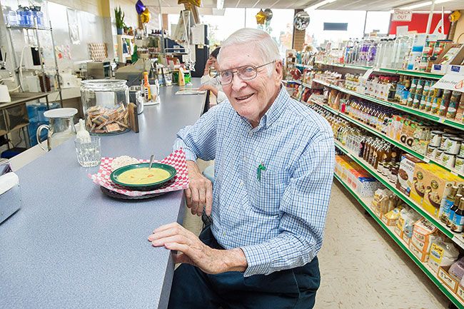 Marcus Larson/News-Register##Though he’s now retired, Vern Hinshaw visits Parkway Natural Foods several times a week for lunch and conversation. His daughter, Kathy, runs the store.