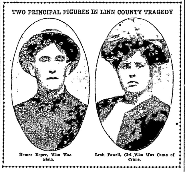 ##Portraits of Homer Roper and the girl with whom he’d eloped, Leah Powell, as they appeared in the Portland Morning Oregonian after Roper was shot.