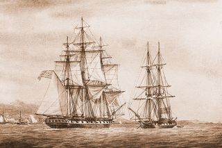 Image: U.S. Navy ##
The U.S.S. Peacock attacking the H.M.S. Nautilus in 1815 just after the War of 1812 — which the Peacock’s skipper was unaware had ended.