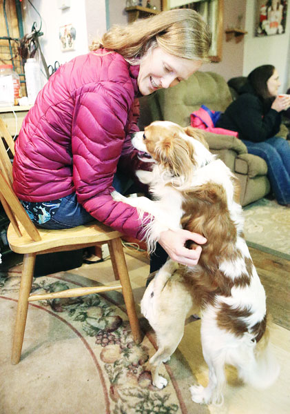 Rockne Roll/News-Register##Charlotte Goddard, a friend of Yamhill County Pet Heroes founder Kimball Kiess, pets Tucker, a rescued King Charles Cavalier Spaniel, at Kiess  home in McMinnville.