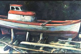 Image: Leland John ## This painting shows an old “bowpicker” gillnetting boat on blocks by the river.