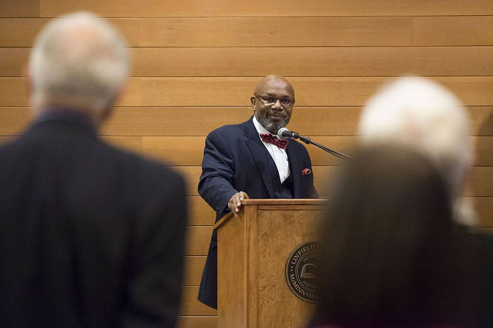 Submitted photo##Miles Davis speaks during a visit to the Linfield campus in December.