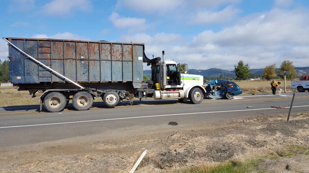 Photo courtesy Oregon State Police##A Grand Ronde woman was killed Wednesday morning in a two-vehicle crash at the intersection of Highway 18 and Red Prairie Road, west of Sheridan.