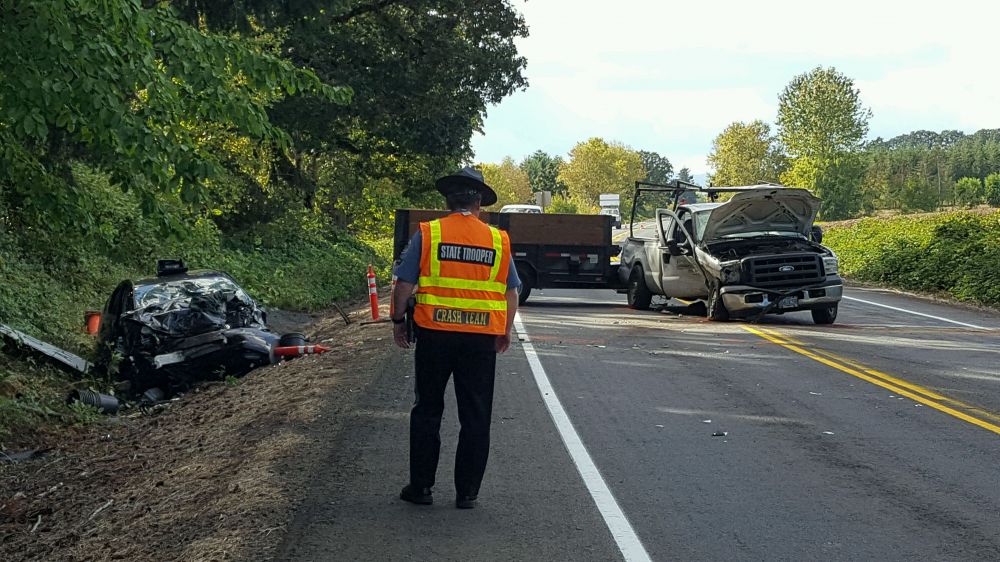 Photo courtesy Oregon State Police##A Newberg man was killed in a two-vehicle crash Wednesday afternoon north of Lafayette on Highway 99W.