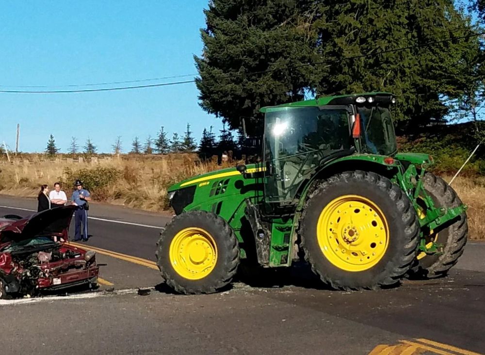 Photo courtesy Oregon State Police##One person was killed Tuesday morning south of Lafayette on Highway 99W in a crash involving a tractor and car.