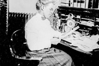 Image: Oregon Historical Society##Lola Greene Baldwin in her office at the Portland YWCA, sometime in the 1890s.