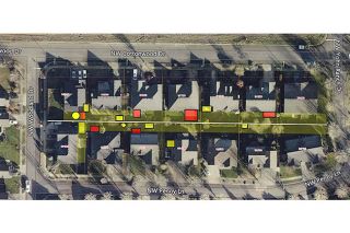 ##A graphic by McMinnville Senior Planner Taylor Graybehl shows attached (red) and unattached (yellow) structures on one block at Woodland Drive that would violate city code under a new interpretation of backyard accessory structure rules. The planning commission agreed to revise the rules at an upcoming meeting.