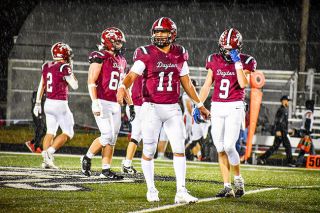 Photo courtesy of Amy Webster##Senior running back Stephan Macias calls to the sideline while rain pours down during the Pirates 41-0 homecoming victory over Scio at Dayton High School on Thursday, Oct. 9. Macias eclipsed the 600-yard mark with his rushing performance against the Loggers. Photo courtesy of Amy Webster##Senior running back Stephan Macias calls to the sideline while rain pours down during the Pirates 41-0 homecoming victory over Scio at Dayton High School on Thursday, Oct. 9. Macias eclipsed the 600-yard mark with his rushing performance against the Loggers.