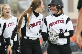 Rockne Roll/News-Register##
Dayton s Kylee Hill, right, and Malina Ray celebrate Hill s first of two home runs in the Pirates OSAA State Championship semifinal game against Scio on Tuesday, May 30, at Scio High School. Rockne Roll/News-Register##
Dayton s Kylee Hill, right, and Malina Ray celebrate Hill s first of two home runs in the Pirates OSAA State Championship semifinal game against Scio on Tuesday, May 30, at Scio High School.