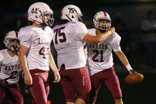 Rockne Roll/News-Register##
Dayton s Oscar Rosas, right, celebrates a touchdown in the Pirates game against Santiam Christian in Adair Village on Friday, Sept. 30. Rosas scored twice in the first half to propel the Pirates to their fifth straight victory to open the season. Rockne Roll/News-Register##
Dayton s Oscar Rosas, right, celebrates a touchdown in the Pirates game against Santiam Christian in Adair Village on Friday, Sept. 30. Rosas scored twice in the first half to propel the Pirates to their fifth straight victory to open the season.