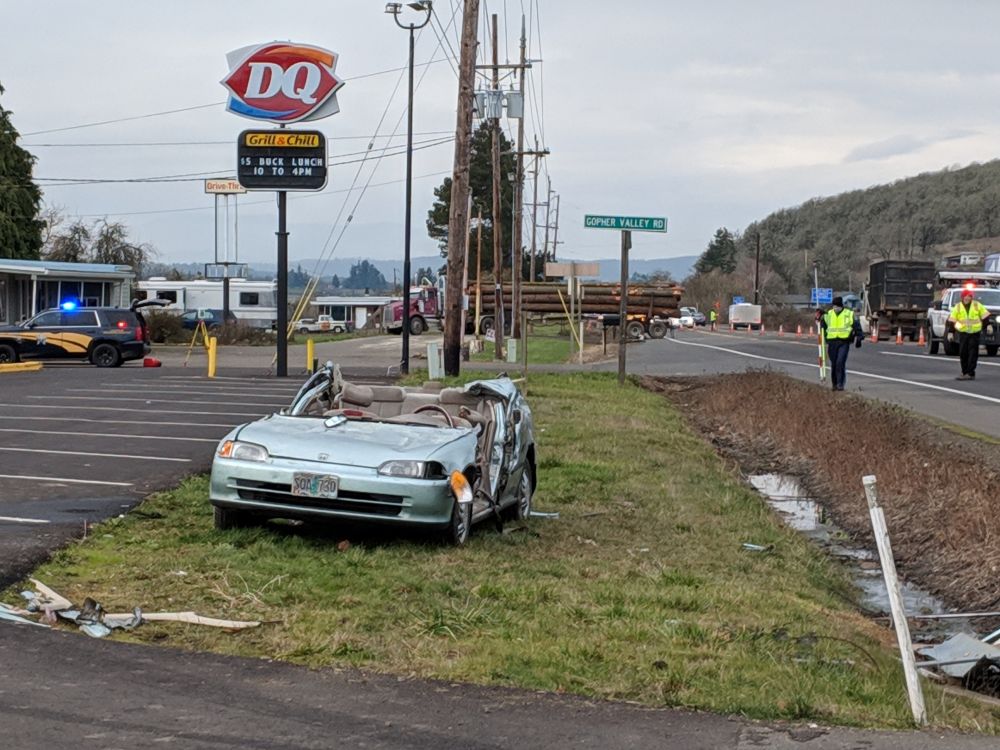 Oregon State Police photos##Three members of a Sheridan family were injured Wednesday morning in a two-vehicle crash east of Sheridan on Highway 18.