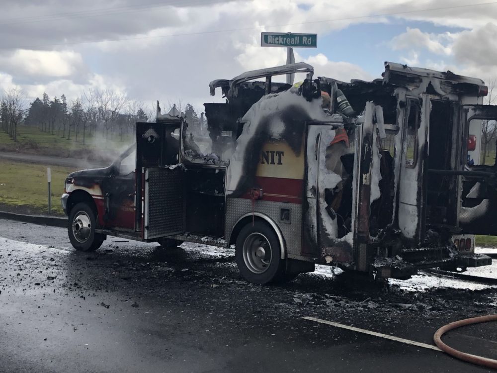 Photos courtesy West Valley Fire District##A fire engulfed a West Valley Fire District ambulance Tuesday on Highway 22 in Polk County.