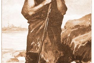 Joe Knowles as he appeared after emerging from the wilderness of northern Maine, wearing the skin of the bear he killed there. (Image: Small, Maynard & Co.)