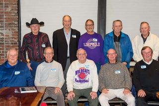 Rusty Rae/News-Register##Members of the 1966-67 Linfield men’s basketball team held a reunion at Two Dogs Taphouse before Tuesday’s games.
Sitting, from left to right, are Ross Peterson, Mike Conklin, Tom Rohlffs, Bob Lamb and Dan Myers. Standing behind them is Randy Marshall, Dan Beeson, Don Hurd, Dale Carpenter and Terry Durham. Rusty Rae/News-Register##Members of the 1966-67 Linfield men’s basketball team held a reunion at Two Dogs Taphouse before Tuesday’s games.
Sitting, from left to right, are Ross Peterson, Mike Conklin, Tom Rohlffs, Bob Lamb and Dan Myers. Standing behind them is Randy Marshall, Dan Beeson, Don Hurd, Dale Carpenter and Terry Durham.