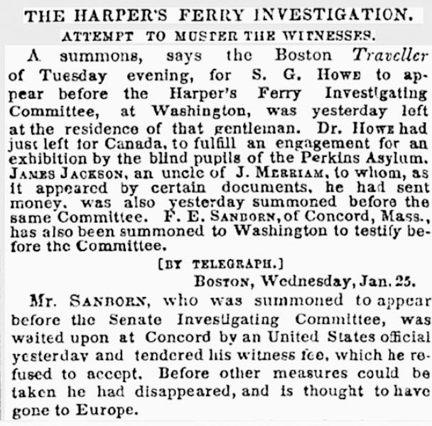 New York Times archive screenshot##A brief New York Times story from Jan. 26, 1860, about witnesses summoned to testify at a Senate committee investigation of John Brown and fellow abolitionists’ raid on a government arsenal at Harpers Ferry, in what is now West Virginia.