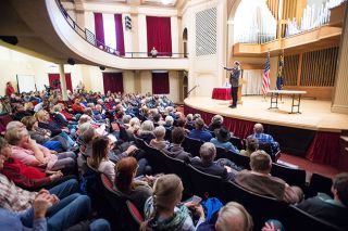Marcus Larson / News-Register##Local people fill Ice Auditorium at Linfield College to ask U.S. Sen. Ron Wyden questions and hear his views. Marcus Larson / News-Register##Local people fill Ice Auditorium at Linfield College to ask U.S. Sen. Ron Wyden questions and hear his views.