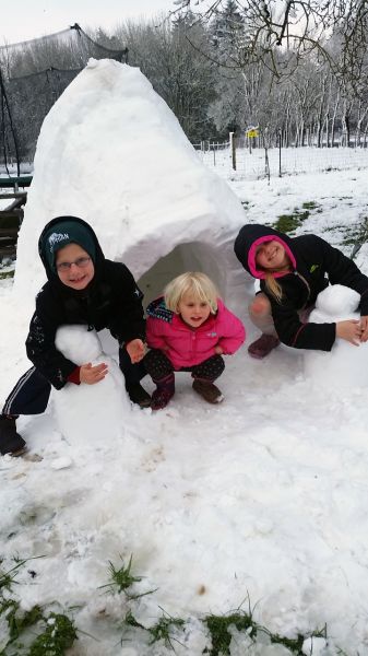 George Bresler##From left to right, Cyprus, 7, Florence, 3, and Daphne, 9, Anderson enjoy the igloo they constructed Wednesday. George Bresler##From left to right, Cyprus, 7, Florence, 3, and Daphne, 9, Anderson enjoy the igloo they constructed Wednesday.