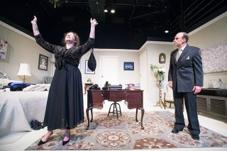 Marcus Larson/News-Register ##
Virginia Noyes (Lesli Lucier) throws her hands in the air to thank God for just having finished a Broadway play while complaining to her co-star, James Wicker (Philip Van Cleave). Marcus Larson/News-Register ##
Virginia Noyes (Lesli Lucier) throws her hands in the air to thank God for just having finished a Broadway play while complaining to her co-star, James Wicker (Philip Van Cleave).